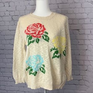 Zara Knits Cream-colored Crewneck Sweater with Floral Design - M